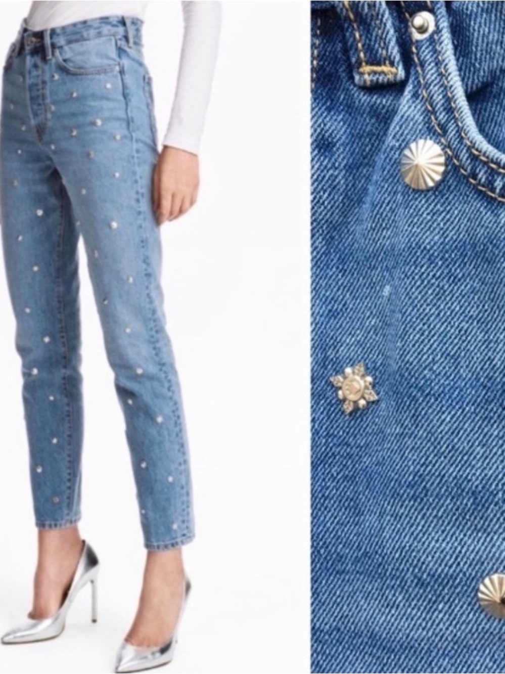 H&M Mid-Blue Straight Leg Jeans with Pearl & Star Studs